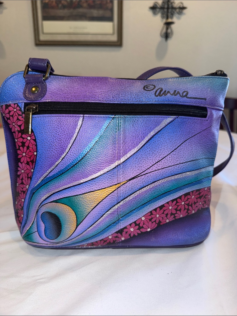 Anuschka Hand Painted purple Leather Crossbody Bag GUC